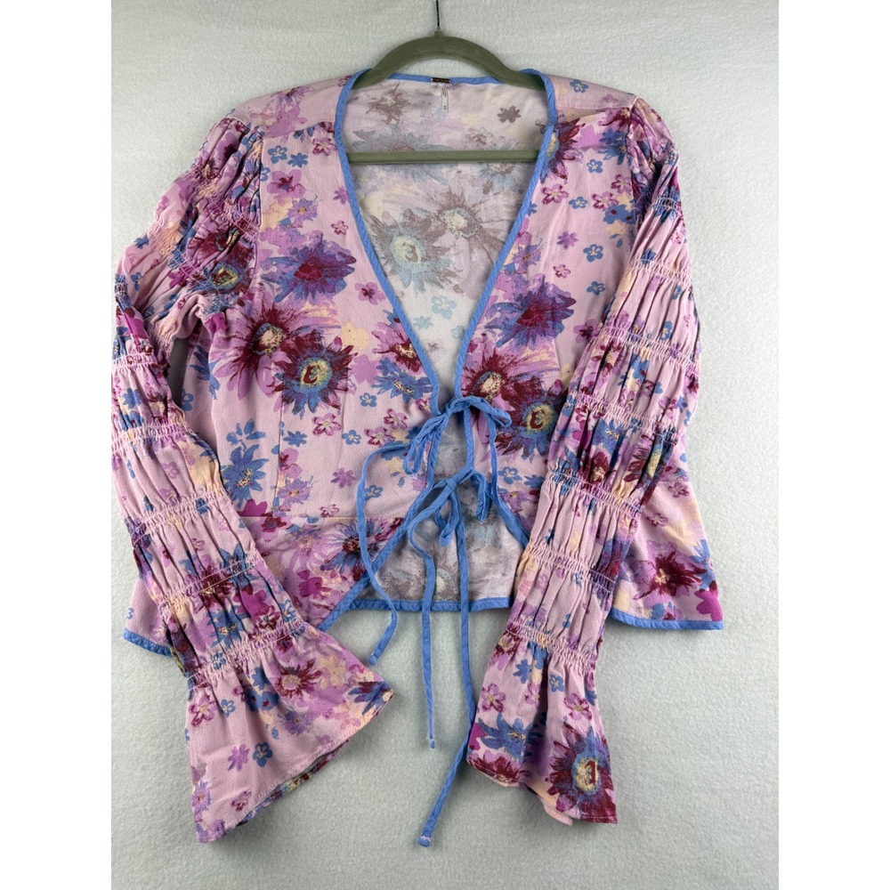 Free People Womens Floral Tie Front Smocked Sleeve Flare Cuff Blouse Purple M